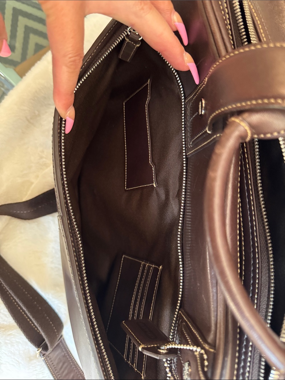Coach Mahogany Brown Leather Briefcase with Shoulder Strap and Silver Accents 🤎 - Picture 11 of 16